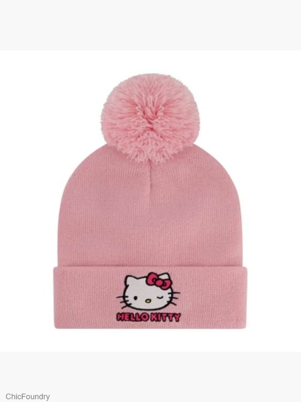 Girls Hello Kitty Beanie Hat & Gloves Winter Knit Cap Pom Pom Set